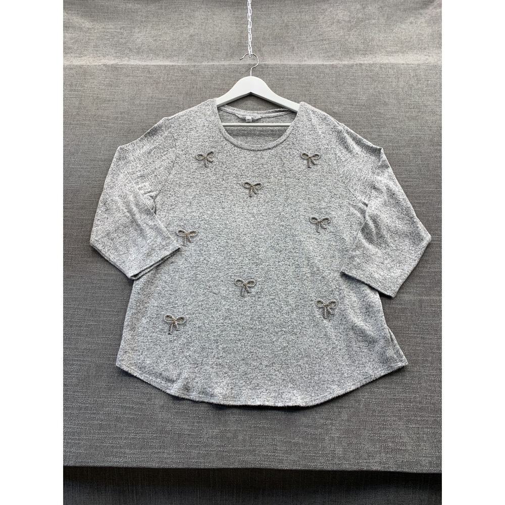 Kiss & Fly Sweater Womens XL Gray Marled Beaded Bow Round Neck Preppy Curved Hem
